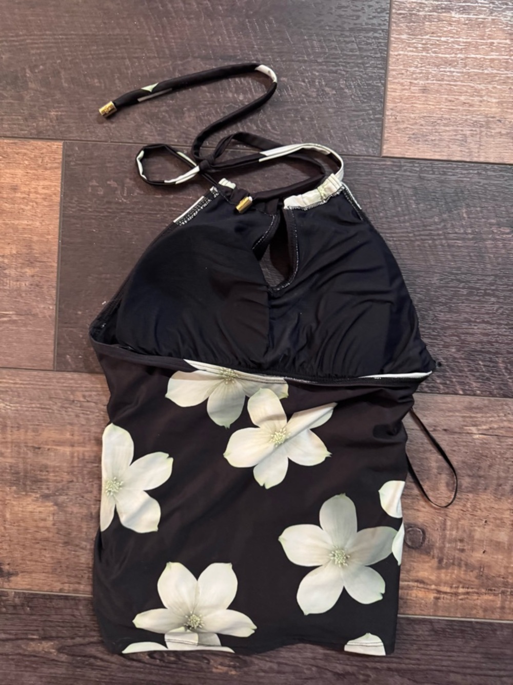 Lauren Ralph Lauren Black Floral Halter Swim Top Ruched Side Tankini Size 10 - Picture 2 of 5